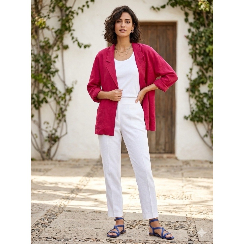 Red Linen Jacket 100% Oversized Long Vintage Retro Fit Large Beach Coastal